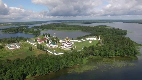 Valday Iversky Russian Orthodox Monastery wall Valdaysky Park Lake Seliger Drone Stock Footage