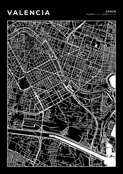 Valencia Map Wall Art Frame, Cartography Map Print, City Layout Map Stock Illustration
