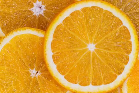 Valencia Orange Citrus Fruit Slices Close-up (Citrus x sinensis) Stock Photos