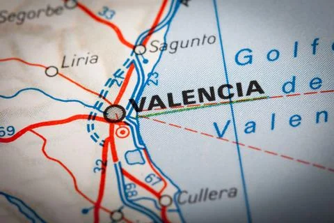 Valencia on a road map Stock Photos
