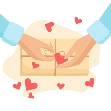 Valentin day gift box. Hands holding a present. Boyfrends gift surprise. Top Stock Illustration