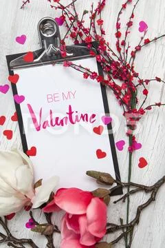 Valentine Background with hearts and flowers Stock Photos