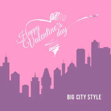 Valentine card city landscape with skyscrapers silhouette Ilustración de archivo