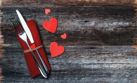 Valentine card with space for text. Dinner table. Stock Photos