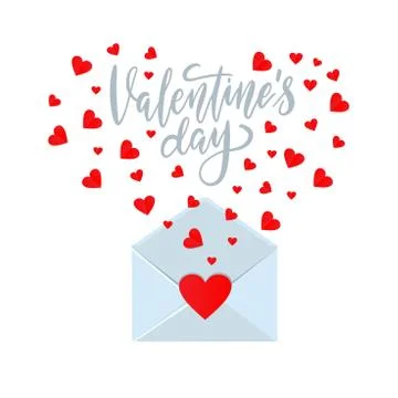 Valentine card template - opened envelope with cut hearts flying out. Flat Ve Illustrazione stock
