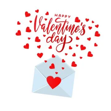 Valentine card template - opened envelope with cut hearts flying out. Flat Ve Illustrazione stock
