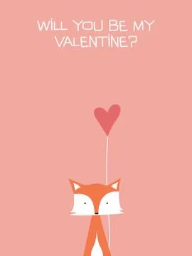 Valentine card vector template with cute, adorable fox holding heart. Romantic Stock Illustration