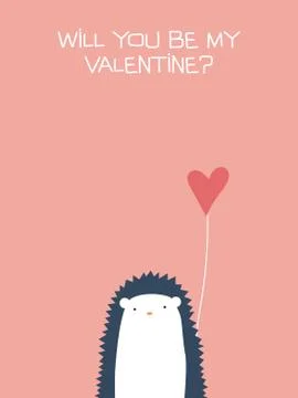 Valentine card vector template with cute, adorable hedgehog holding heart Stock Illustration