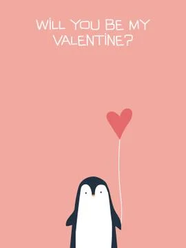 Valentine card vector template with cute, adorable penguin holding heart Illustrazione stock