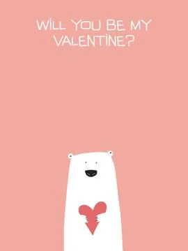 Valentine card vector template with cute, adorable polar bear holding heart Stock Illustration