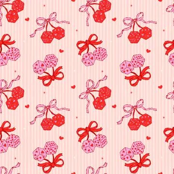 Valentine Coquette seamless pattern Cherry Dice Ribbon Bow hand drawn in wh.. Stock Illustration