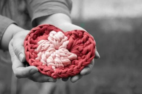 Valentine crochet decorations crochet heart hands black and white Stock Photos