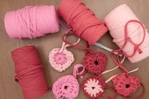 Valentine crochet decorations crochet hearts Stock Photos