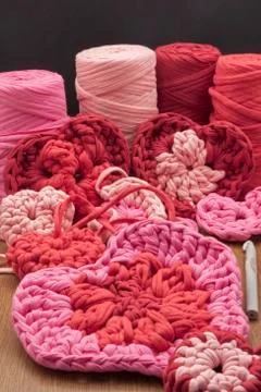 Valentine crochet decorations crochet hearts Stock Photos