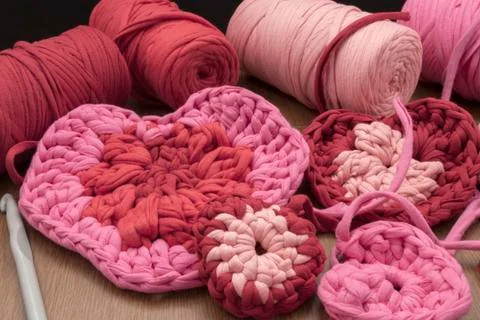 Valentine crochet decorations crochet hearts Stock Photos