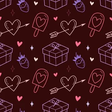 Valentine Dark Seamless Pattern with Hearts, Gifts and Ice Cream Bars Illustrazione stock
