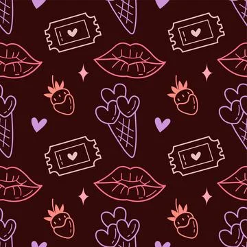 Valentine Dark Seamless Pattern with Lips, Strawberries and Heart Ice Cream Stock Illustration
