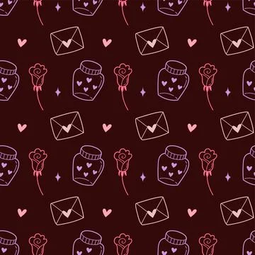 Valentine Dark Seamless Pattern with Roses, Letters and Heart Jars Stock Illustration