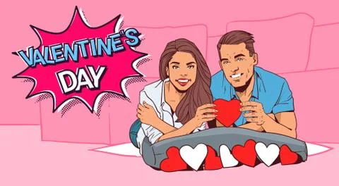 Valentine Dat Retro Poster Design Happy Couple Hold Red Heart Lying On Bed Comic Illustrazione stock
