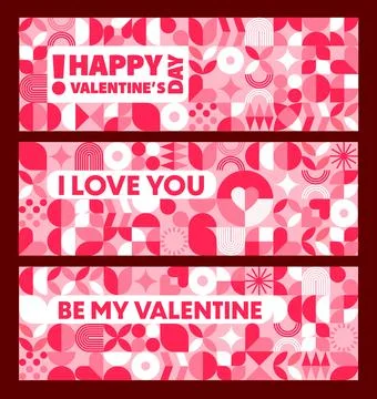 Valentine day banners, geometric patterns, quotes Stock Illustration