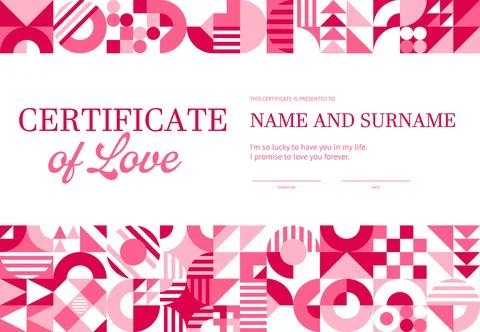 Valentine day certificate with geometric pattern 스톡 일러스트