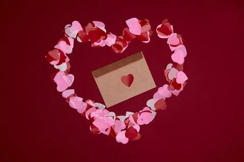 Valentine day composition with copy space. Frame made of confetti hearts red  Stock Photos