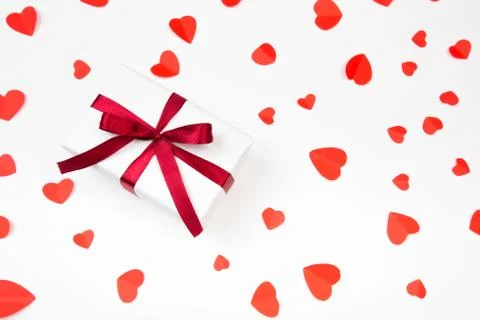Valentine day composition: .gift boxe with bow and red  hearts, photo templat Stock Photos