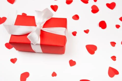 Valentine day composition: .gift boxe with bow and red  hearts, photo templat Stock Photos