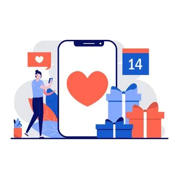 Valentine day concept with tiny character. People using cellphone to send o.. Stock Illustration