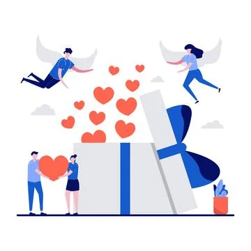 Valentine day concept with tiny character. Angel bring gift box with heart .. Stock Illustration