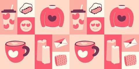 Valentine day Doodle Square Pattern with holiday elements, Hearts. Seamless Stock Illustration