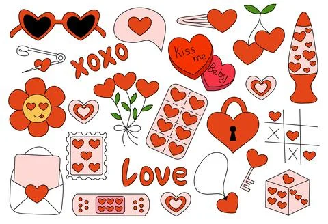 Valentine Day elements. Candy Heart, Envelope, Cherry, Retro Lamp ect Stock Illustration