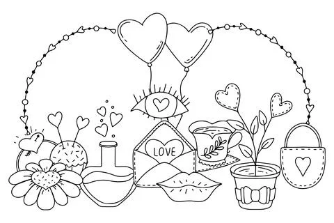 Valentine day elements coloring page. Doodle illustration on white background Illustrazione stock