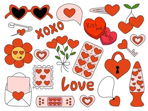 Valentine Day elements. Vector flat illustration. Icons, stickers in Y2K style. イラスト素材