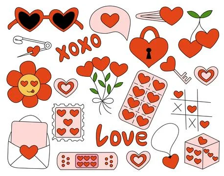 Valentine Day elements. Vector flat illustration. Icons, stickers in Y2K style. イラスト素材