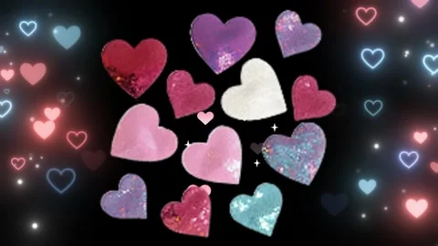 Valentine Day floating glitter hearts animation on black background with Stock Footage 346374065