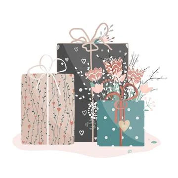Valentine day gift boxes set with flowers. Wrapped packages decorated with Stock Illustration
