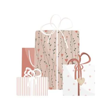 Valentine day gift boxes set. Wrapped packages decorated with ribbon bows Stock Illustration