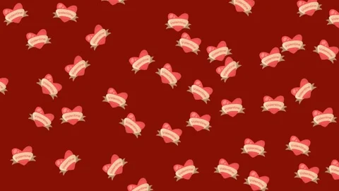 Valentine Day Heart Pattern with Ribbon Banners on Maroon Red Background Stock Footage 345539899