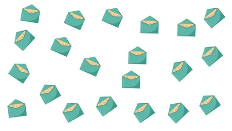 Valentine Day pattern with teal open envelopes and heart cards on white Stock Footage 345539639