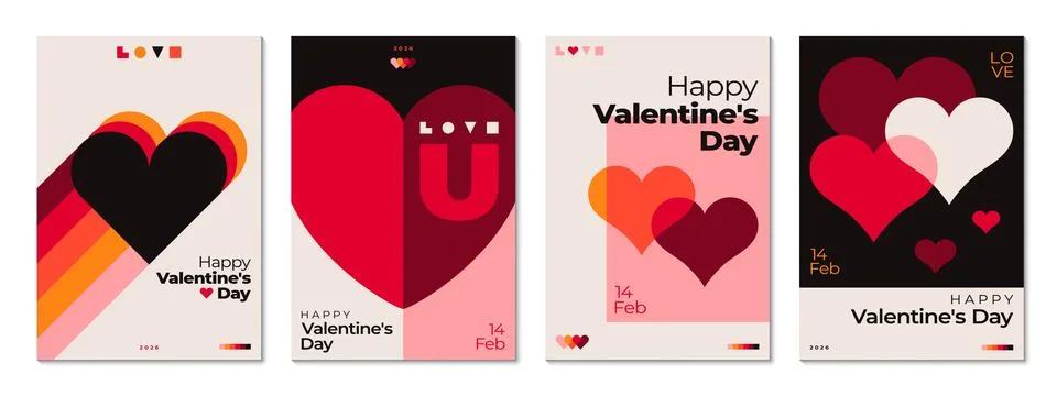 Valentine Day retro posters with bold heart shapes Stock Illustration