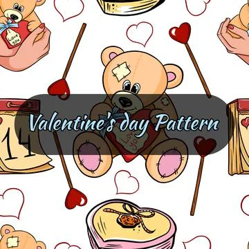 Valentine day seamless pattern with bears and calendar. Stock Illustration