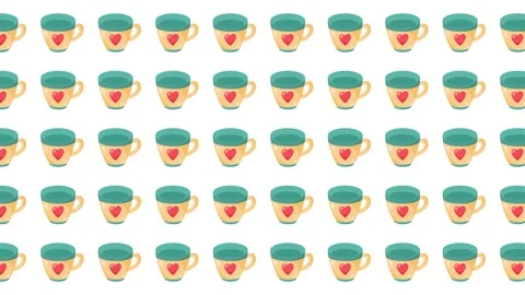 Valentine Day Seamless Pattern of Cute Coffee Cups with Heart Icons on White Stock Footage 345539835