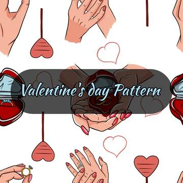 Valentine Day seamless pattern with ring and hands.Romantic proposal. Stock Illustration