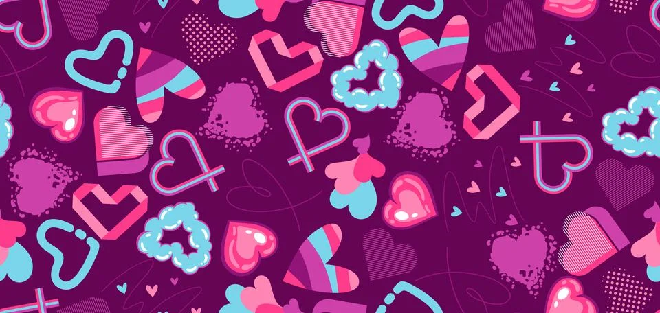 Valentine Day seamless pattern with various hearts. Romantic background. Stock Illustration
