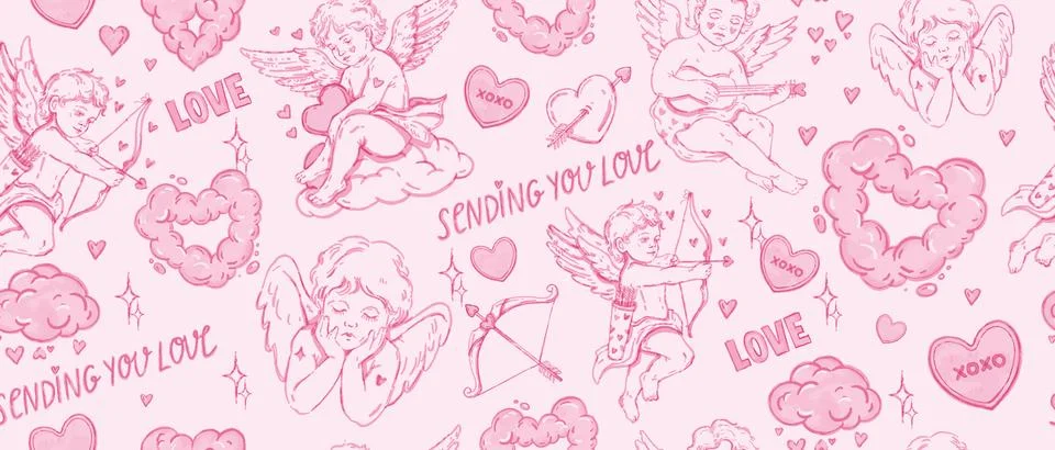 Valentine Day seamless pattern, vector watercolor cupid 스톡 일러스트