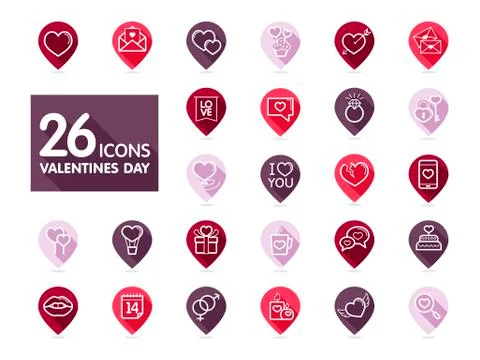 Valentine day set pin map icons Stock Illustration