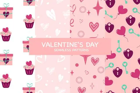 Valentine day set of seamless patterns and decorative elements Stock Illustration
