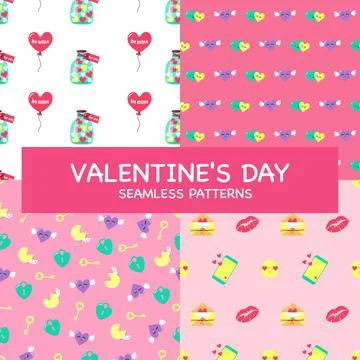 Valentine day set of seamless patterns and decorative elements Illustrazione stock