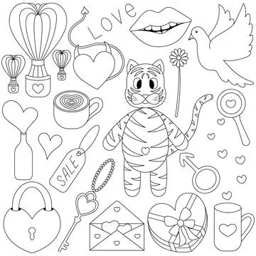 Valentine day. Sketch. Set of vector illustrations. Doodle style. Stock Illustration